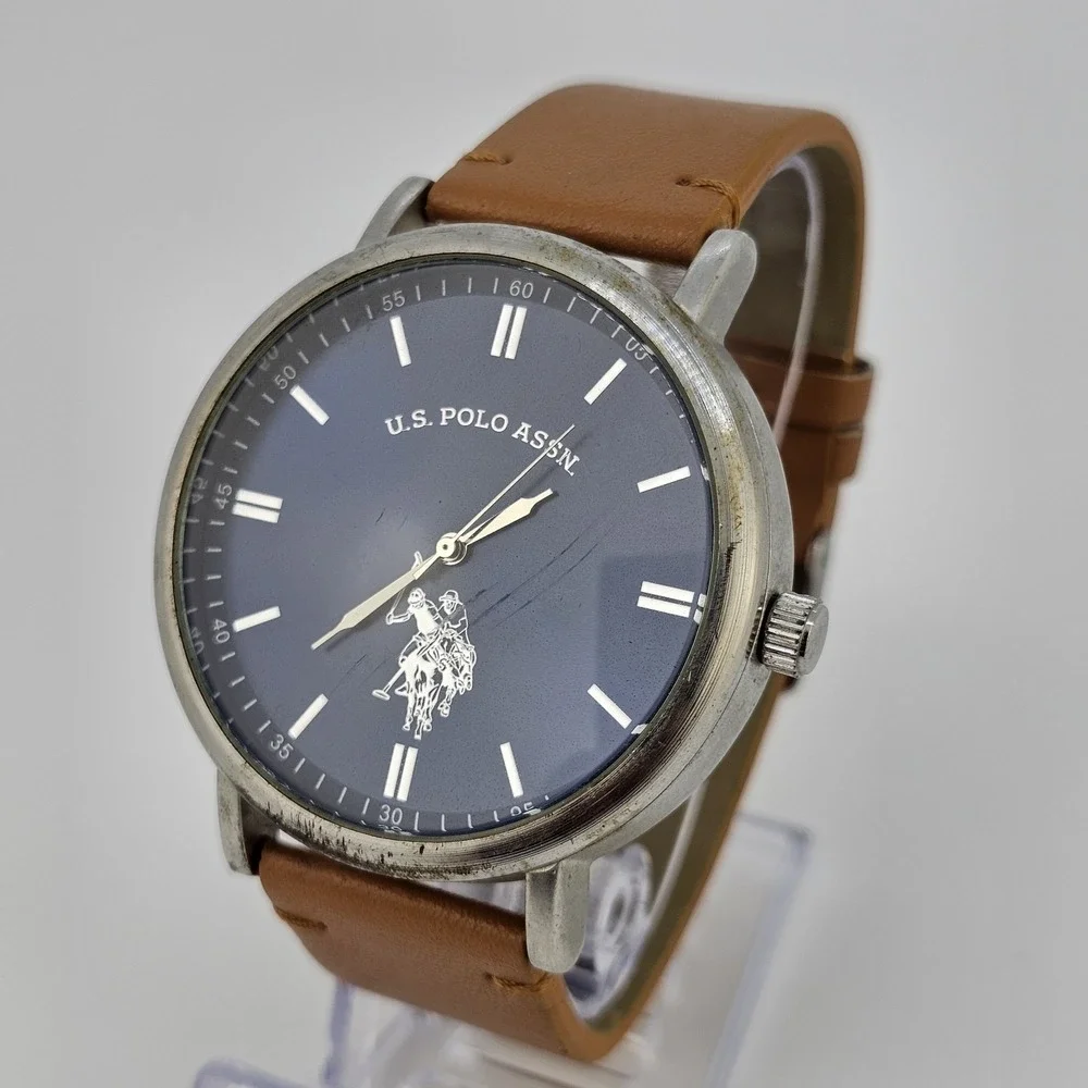 US Polo Assn Men's Watch 46MM Blue Dial Brown Faux Leather Bands New Battery